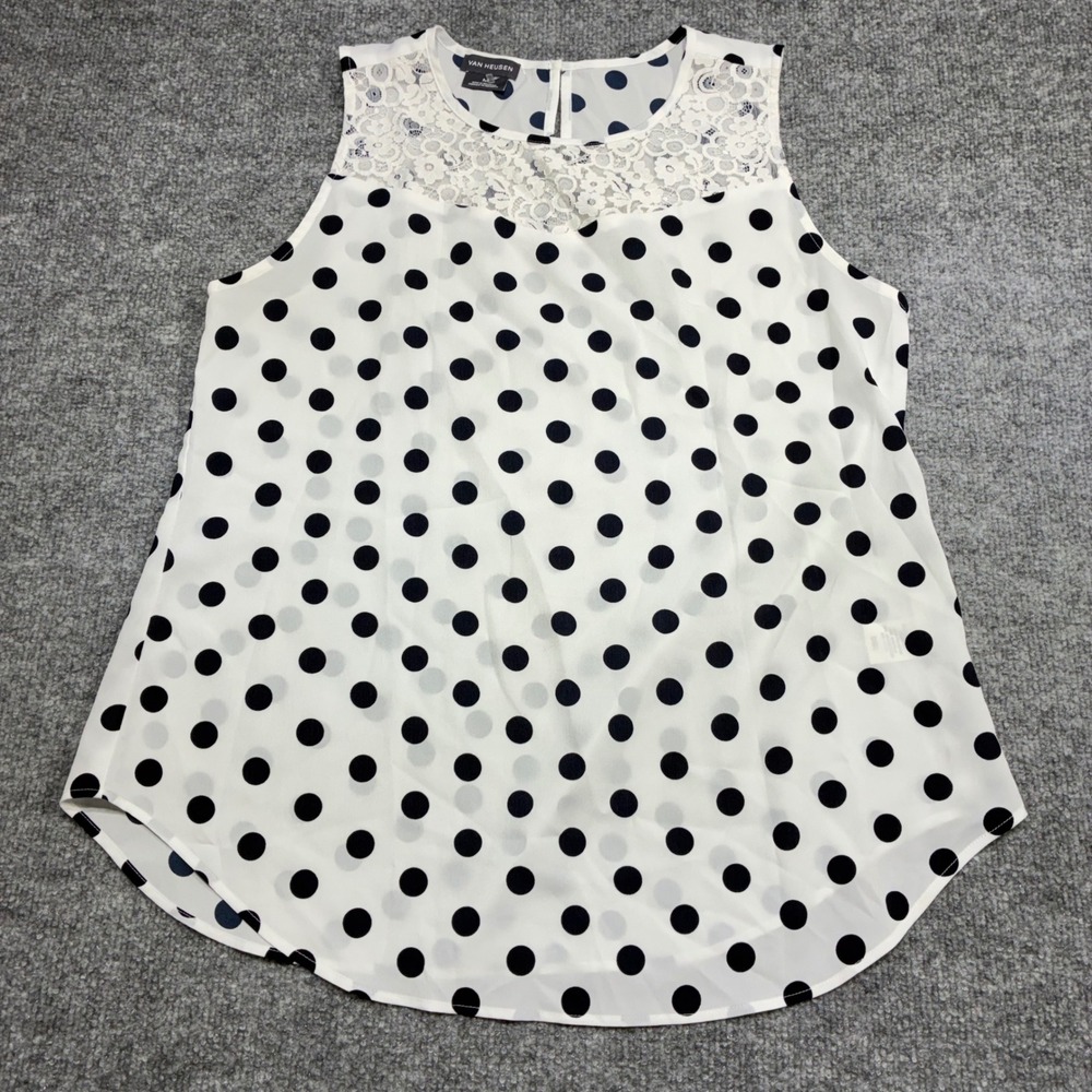 VAN HEUSEN Polka Dot Lace Trim Tunic Blouse Women's Medium White Blue Sleeveless